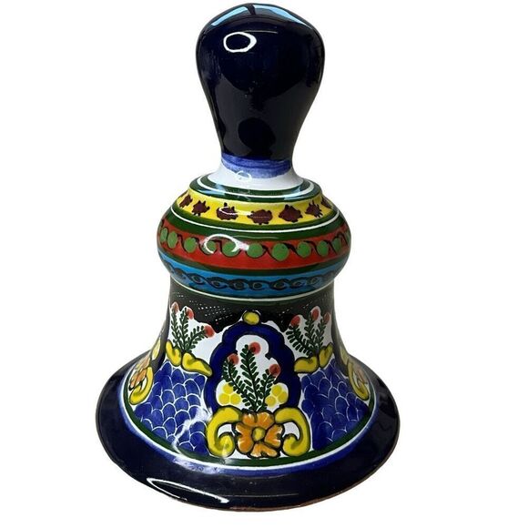 Vintage Hernandez Puebla Mexico Hand Bell Porcelain Blue White Signed by Artist - Picture 4 of 6
